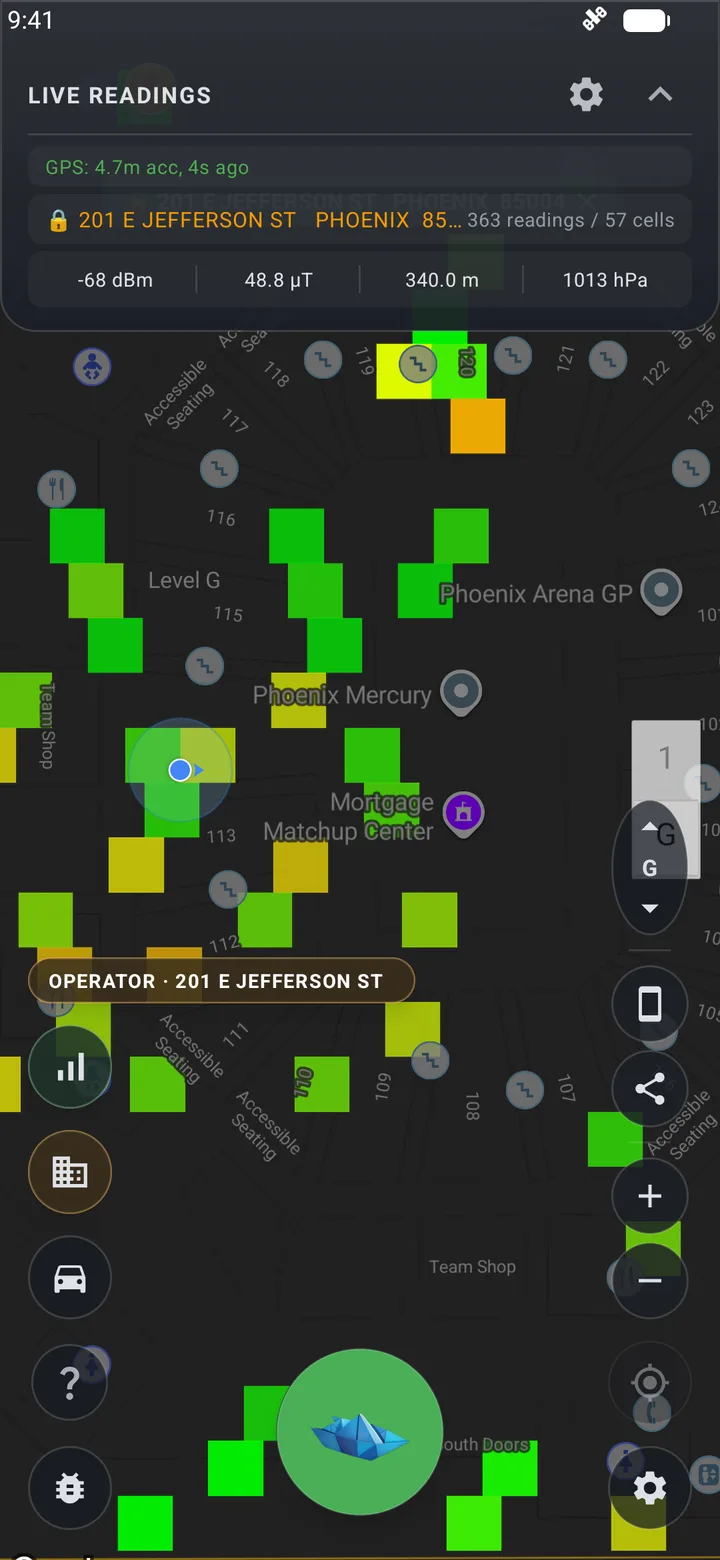 Cell Surveys Android app locked to an arena's parcel, building a cellular coverage heatmap at walking pace