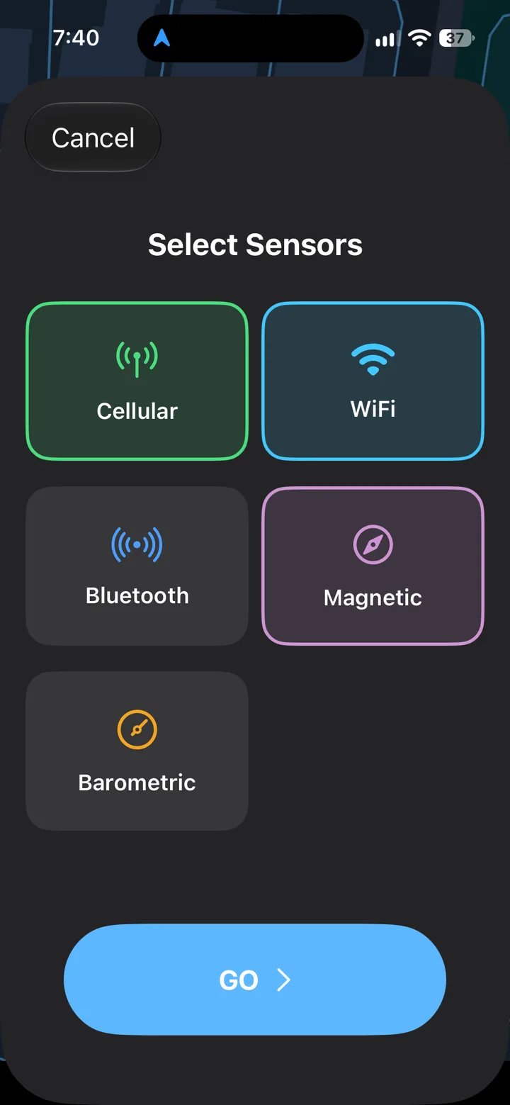 Cell Surveys iPhone app sensor picker with Cellular, WiFi, and Magnetic selected, plus Bluetooth and Barometric options