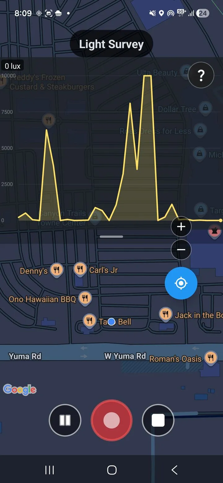 Cell Surveys app measuring ambient light levels as part of environmental data collection