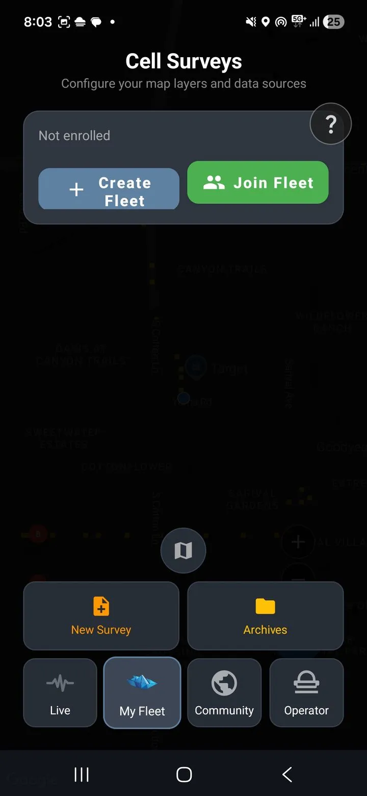 Cell Surveys app main screen showing survey dashboard with recent sessions and signal overview