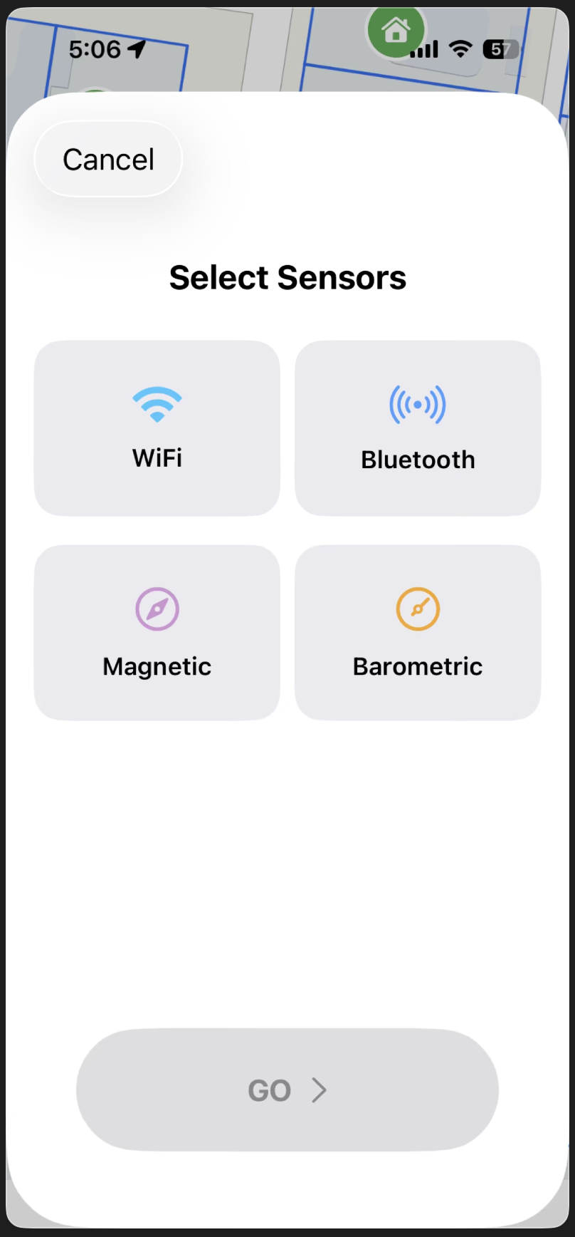 Cell Surveys iOS app sensor selection screen with WiFi, Bluetooth, Magnetic, and Barometric options