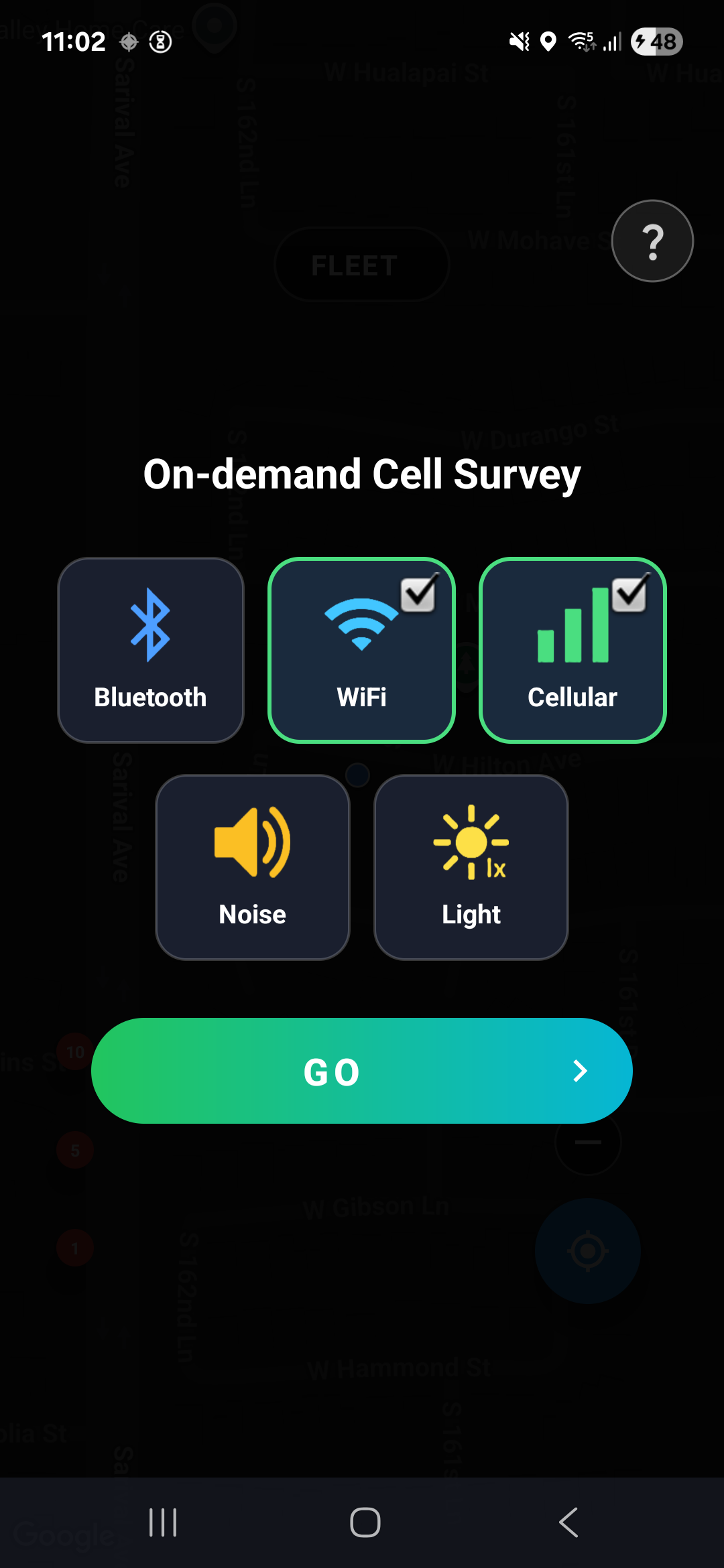 Cell Surveys Android app sensor selection screen with Bluetooth, WiFi, Cellular, Noise, and Light options