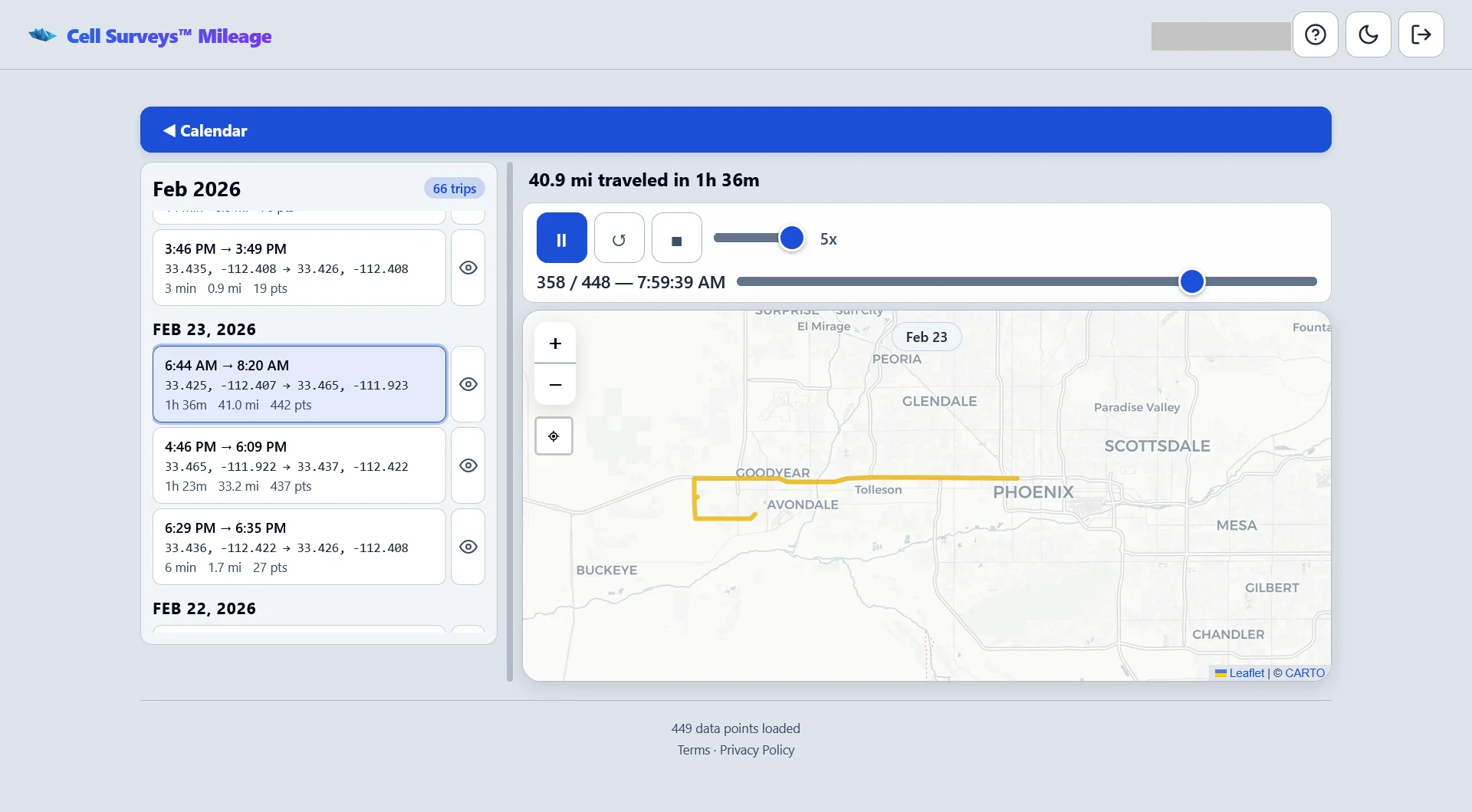 Mileage dashboard trip replay view showing route map and trip details